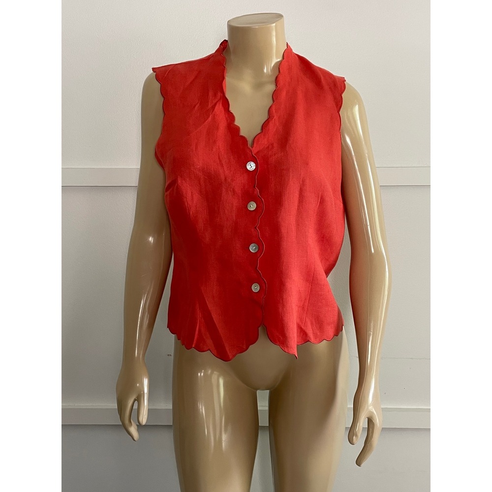 Talbots Petites Irish Linen Scalloped Vest Red Button Front Top 14P NWT